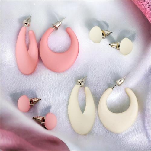 LUCKY JEWELLERY Fashion 4 Pairs Combo Set Of Latest Earrings Pink and White Color Plastic Stud Tops Earing C Shaped Semi Hoops Dangle Earring for Women & Girls (190-CHEX-1015-4)