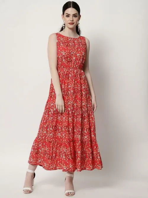 Vaani Creation Women Red Floral Print Crepe Gathered Dress (XL)