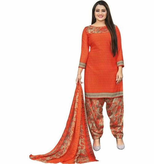 JHEENU Women Orange Printed Crepe Kurta and Churidar Material