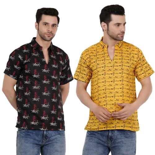 AXOLOTL Premium Lord Hanuman Jay Shree Ram & Lord Mahakaal Religious Print Cotton Blend Men Short Kurta (Pack Of 2)