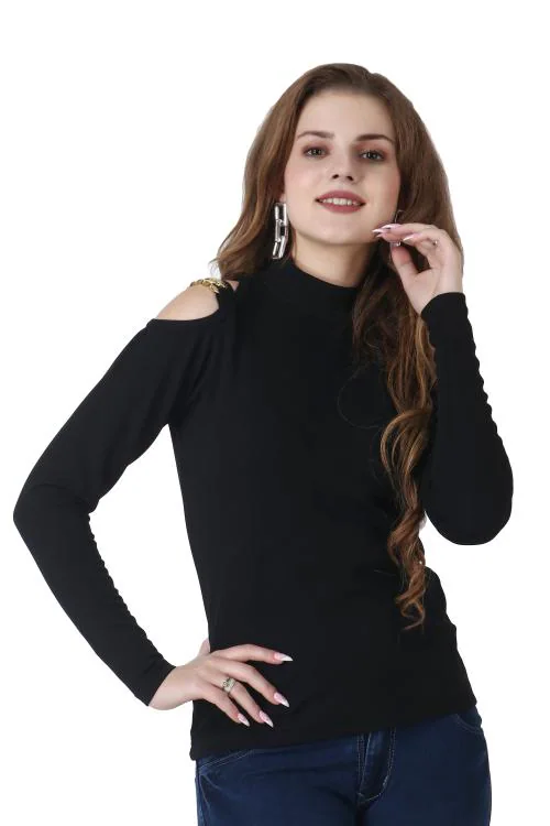 Popwings Casual Solid Black Off Shoulder Chain Women Black Top ! Off Shoulder Chain Styling Black Self Design Regular Tops for Girls