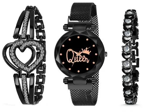 KIROH Analogue Black Queen Dial Magnet Watch with 2 Bracelet Gift for Women or Girls and Watch for Girl or Women (Combo of 3)