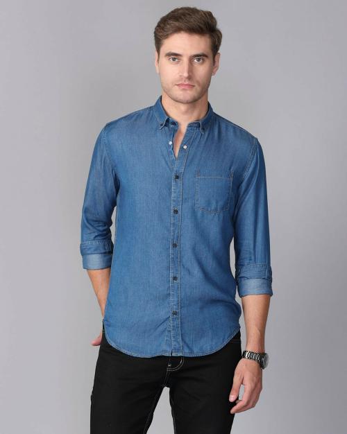 Prototype Men Light Blue Washed Denim Casual Shirt (M)