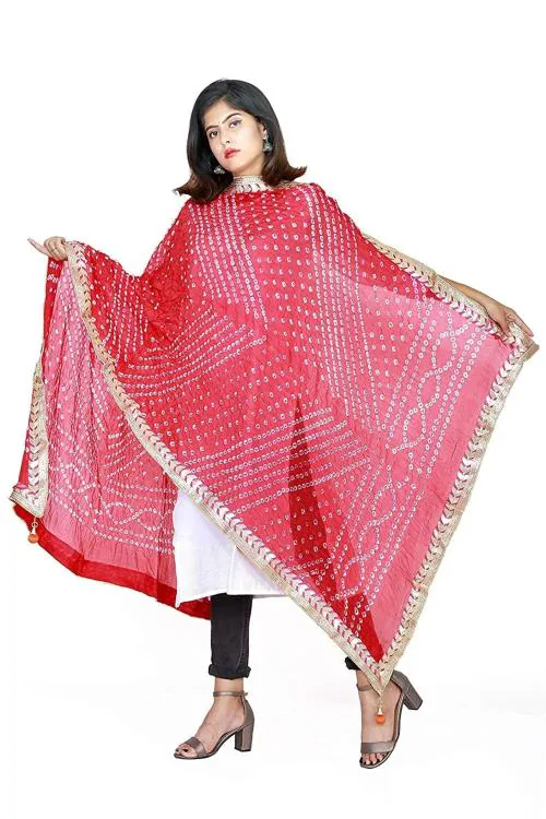 PK HUB Women Red Bandhani Art Silk Bandhej Dupatta