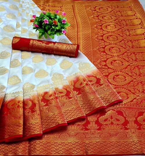BANARASI PEACOCK DESIGN SILK SAREE-WHITE RED