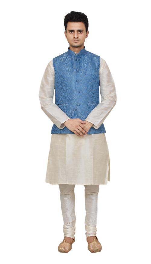 Mag Men's Navy Blue Matching silk Kurta Churidhar With Gold Waistcoat