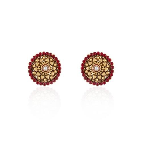 Accessher Ethnic Round Antique Studs With Red Ad Stones For Women