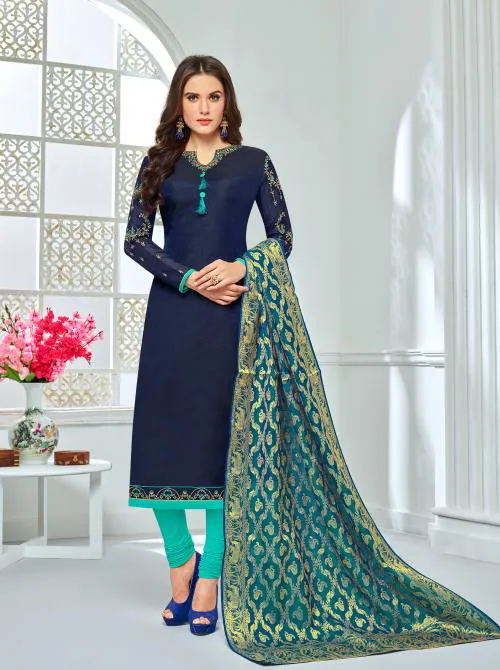 Navy Blue & Turquoise Chanderi Embroidered Salwar Suit With Banarasi Dupatta