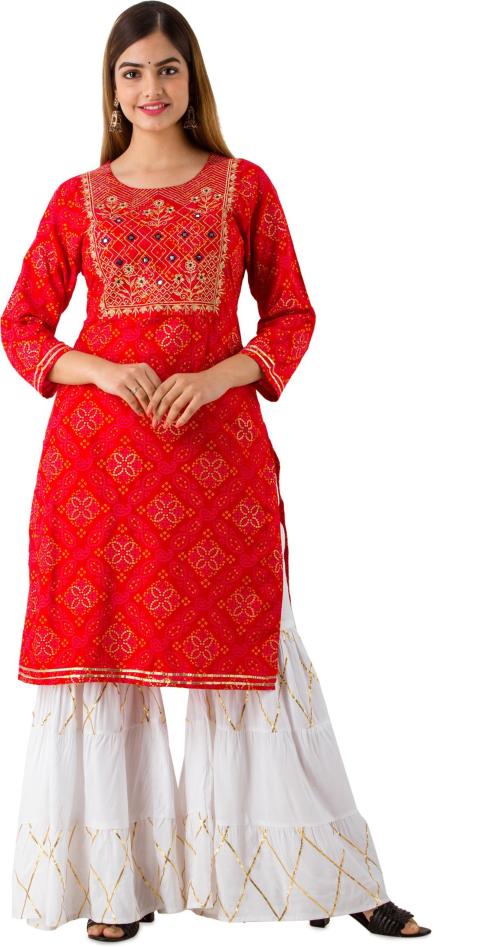 Bawali Embroidery Women Red Kurta And Palazzo Set - M