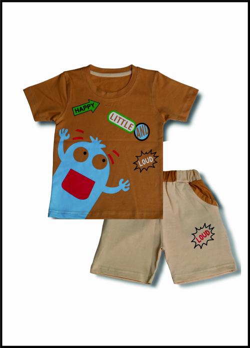 Cutopies Baby Boys Khaki Cotton Blend Printed Tshirt And Shorts (Pack of 2)