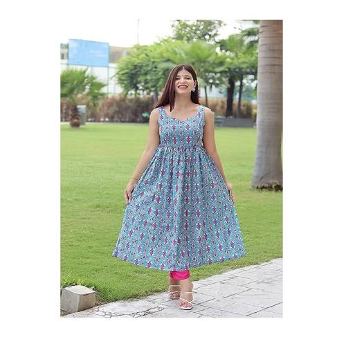 Women's Printed Cotton Blend Anarkali Sleeveless Kurta
