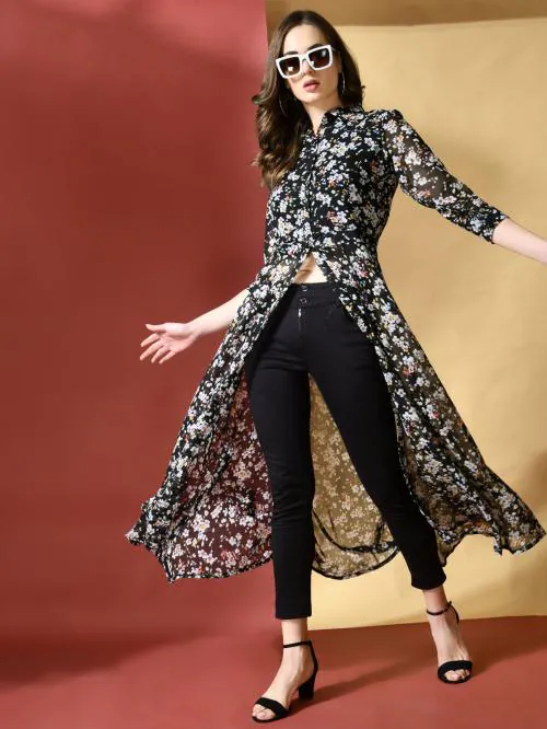 GENEALO Women's Floral Print A-line Front High Slit Dress|Shrug Dress| Long Top|Collared Neck Flared Dress|Festive Dress|Button Front Shirt Dress for Women