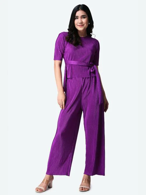 Popwings Casual Women Wrinkle Textured Purple Co-Ords Set | Top and Bottom Set for Women