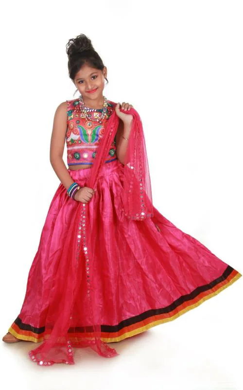 HANSNI FASHION Baby Girls Pink Self Design Silk Blend Lehenga Choli Set With Dupatta