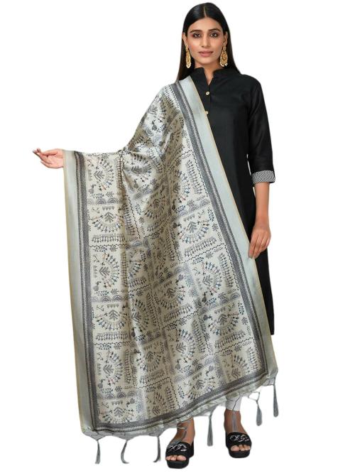 Negchaar Women Black Printed Silk Kantha Dupatta