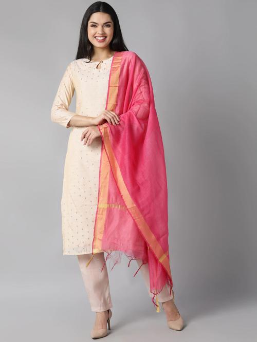 AHIKA Women Beige Poly Chanderi Printed Kurta and Pant Set (3XL)