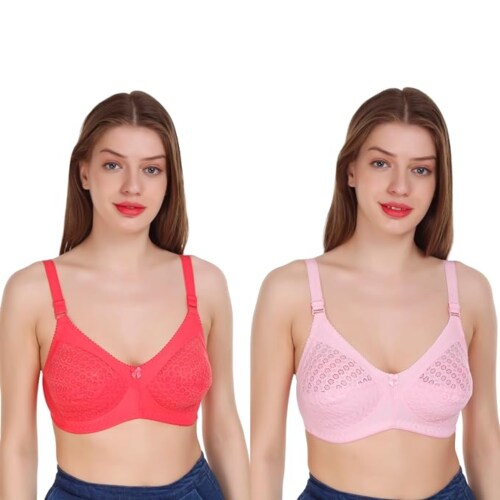 ALPHA BEAUTY LINGERIE Women's Full Coverage Regular Cotton Bra|Comfortable Women's Bra Stylish Lace Bra Colour Light Pink Pink Size-40 (Pack of 2)