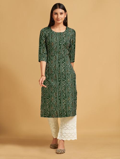 Awriya Women Dark Green, White, Orange Printed Crepe Straight Kurta (Xxl)
