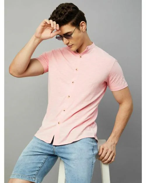 Gritstones Men Coral Color Half Sleeve Plain Cotton Blend Shirt