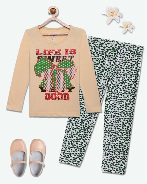 SINI MINI Full Sleeve Beige Girls Casual Pack of 2 Nightsuit