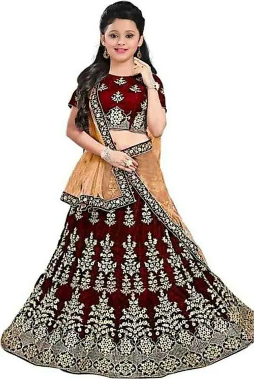 Dholazon Premium Quality Girls multicolour limited edition kids lahenga choli Maroon Embroidered Satin Lehenga, Choli And Dupatta Set of 1 Maroon 9-10 Y
