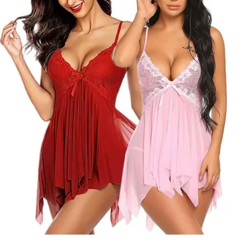SKMODEL STYLISH Aliya Sexy and Comfortable Lace Babydoll Lingerie for Women, Baby doll Honeymoon Lingerie for Women, Women Lingerie Satin Lace Chemise Nightgown, Babydoll Dress for Spacail Night (pink,red)