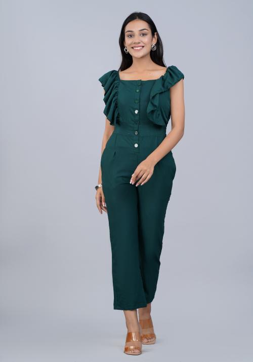 SIPETSTYLISH BEAUTIFUL SOLID JUMPSUIT FOR WOMEN AND GIRLS| FLARED SHORT SLEEVES SHOW BUTTONS AND TIE-UPS CASUAL WEAR AND PARTY WEAR GREENJUMPSUIT IN RAYON FABRIC WITH POCKET