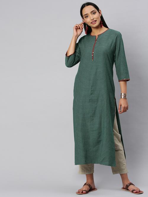 KSUT Olive Green And Off White Woven Check Kurta With Handwork On Neckline And Sleeves.