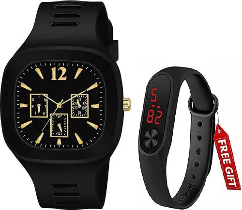 Selloria Digital Black Dial Black Strap Watch For Boys (Pack Of 2)