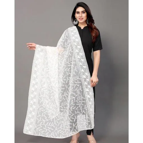 Miss Lady Fashion Women's Heavy White Colour Net Embroidered Fancy phulkari work Dupatta for women (White)