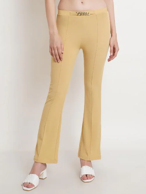 Regular Fit Golden Skin Solid Midrise Women Trouser ! Skin Golden Designer Chain Stretchable Self Design Pintex Wide Leg Trouser for Women