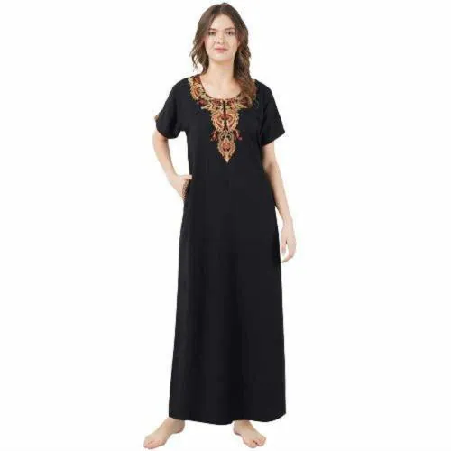 KOI SLEEPWEAR lissybissy Cotton Resham Embroidery Nighty Night Gown Maxi for Women A line (Black)