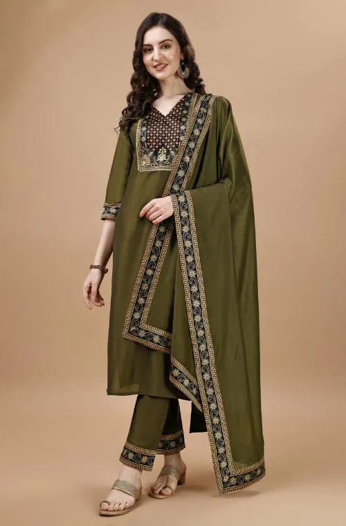 MOJILAA Women's Olive Green Chinon Silk Gota Patti Floral Print Kurta With Pant & Dupatta