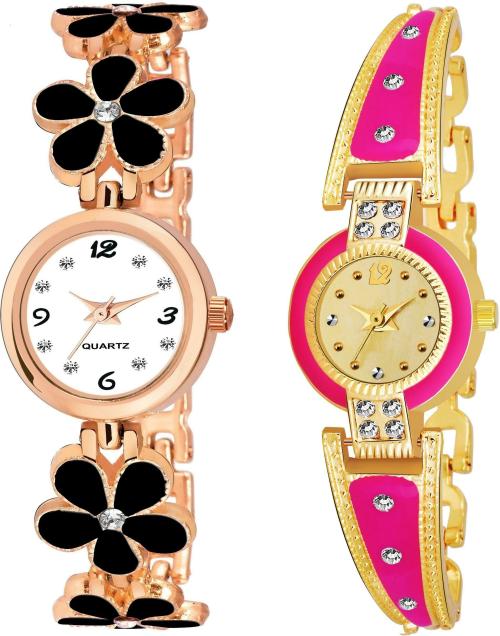 TRUE COLORS Analog White, Gold Dial Gold Strap Watch for Women (Pack of 2)