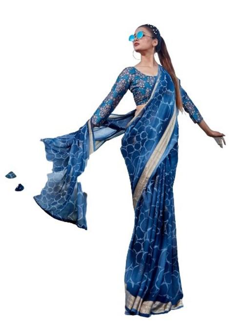 TRIVENI Blue Chiffon Moss film zari border Saree
