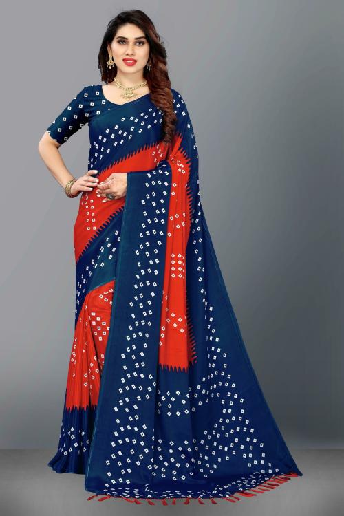 sareya veela Bandhani Women Blue and Orange Printed Silk Blend and Art Silk Sarees
