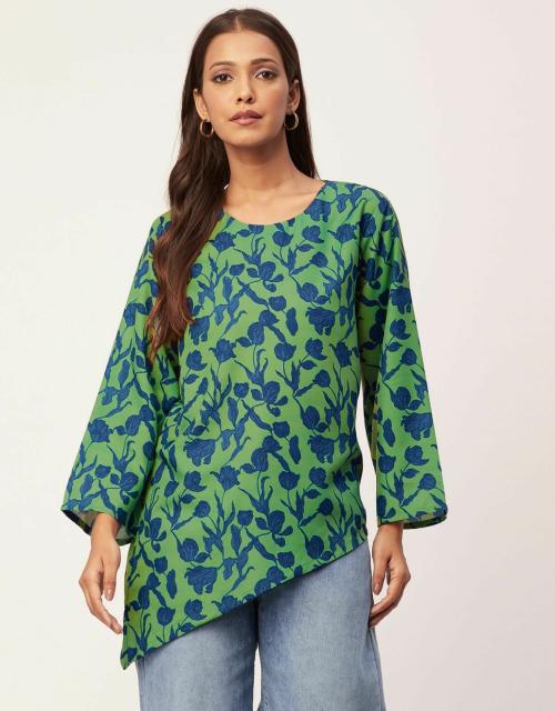 Moomaya Printed Asymmetric Tops For Women, Poly Rayon Long Sleeve Tunic Top