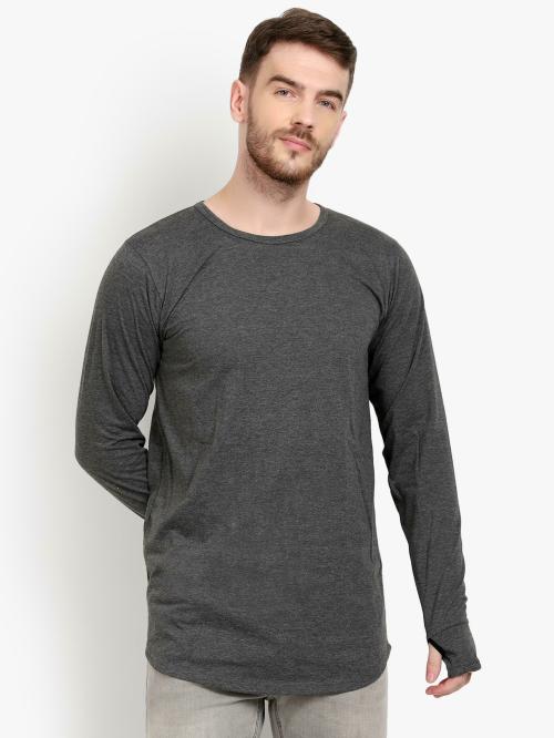 PAUSE Grey Solid Round Neck Slim Fit Full Sleeve Men's T-Shirt