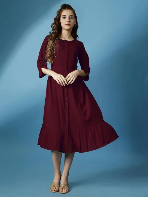 Raisin Women Maroon Solid Polyester Fit And Flare Dress (Xl)