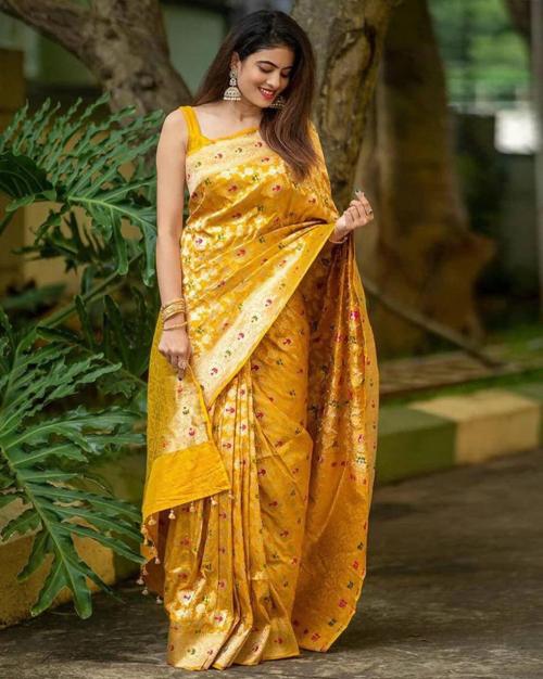 DIVA'S CHOICE Women's Floral Woven Banarasi Saree with Contrast Border