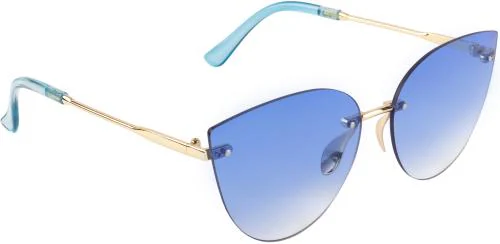 AISLIN UV Protected Rim-Less Cat eye Sunglasses for Women Stylish - (Blue Lens | Gold Frame | Large Size)