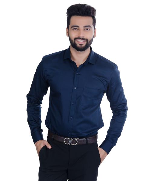 Buy 5THANFOLD Men Navy Blue Pure Cotton Formal Shirt Online at Best ...