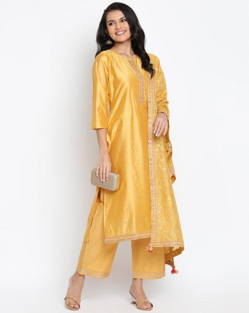 Gautami Women's Mustard Yellow Chanderi Silk Embellished Semi-Stitched Salwar Suit