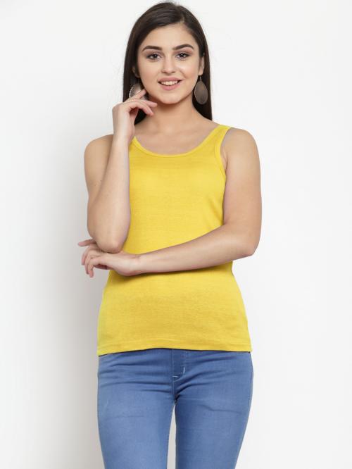 AMBEYCITY Women Yellow Cotton U-neck Solid Tank top