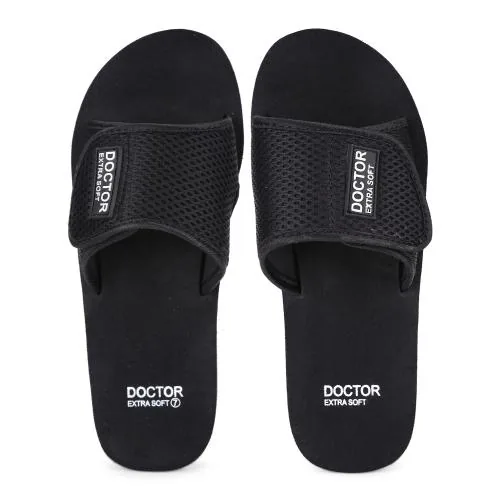DOCTOR EXTRA SOFT Black House Slides for Men's Ortho Care Orthopaedic and Diabetic Adjustment Strap Mcr Comfortable Super Fit Doctor Daily Use Slipper Dr Flip-Flop Comfort Slider's for Boy's and Gent's OR-D-25