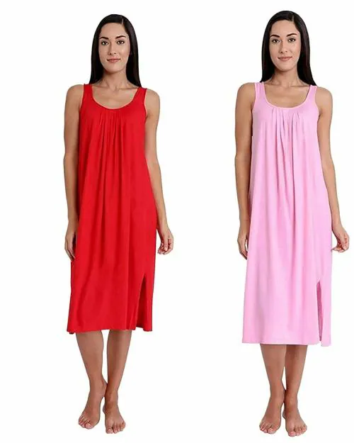 TWGE Cotton Full Length Camisole for Women - Long Inner wear Petticoat - Plus Size Nighty - Kurti and Suit Slip - Red & Pink Pack of 2