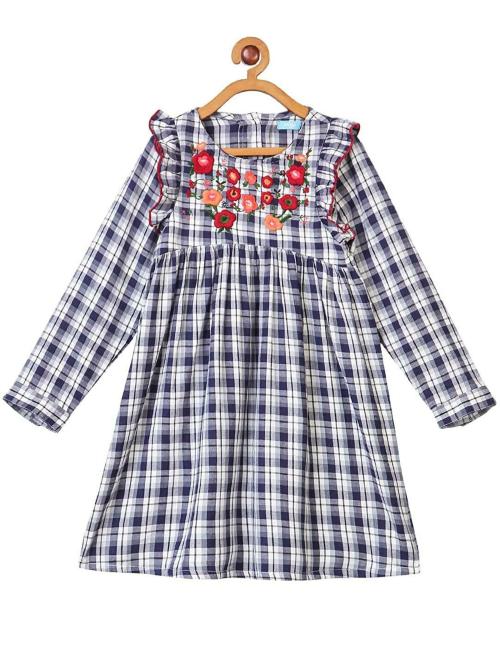 Miyo Baby-Girls White And Navy Blue Checked Cotton Dress - 8 -9y