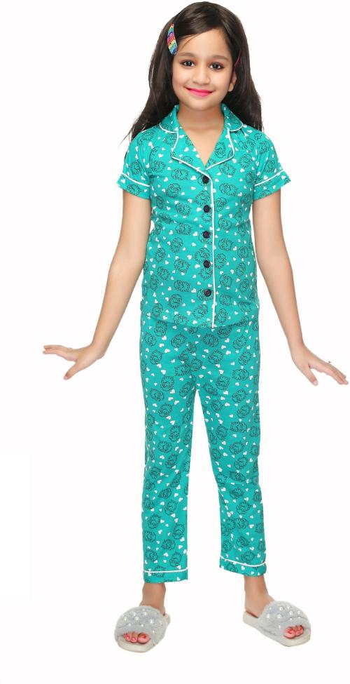 Coolio Girl's Light Green Printed Pure Cotton T-Shirt Pant Set|Sets|Girl