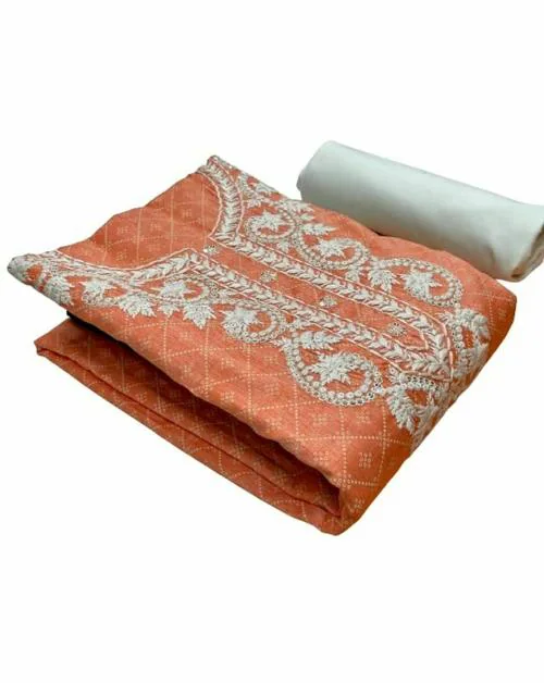 KLOTHES VILLA Women Orange Embroidered Cotton Un-Stitched Dress Material - Free Size