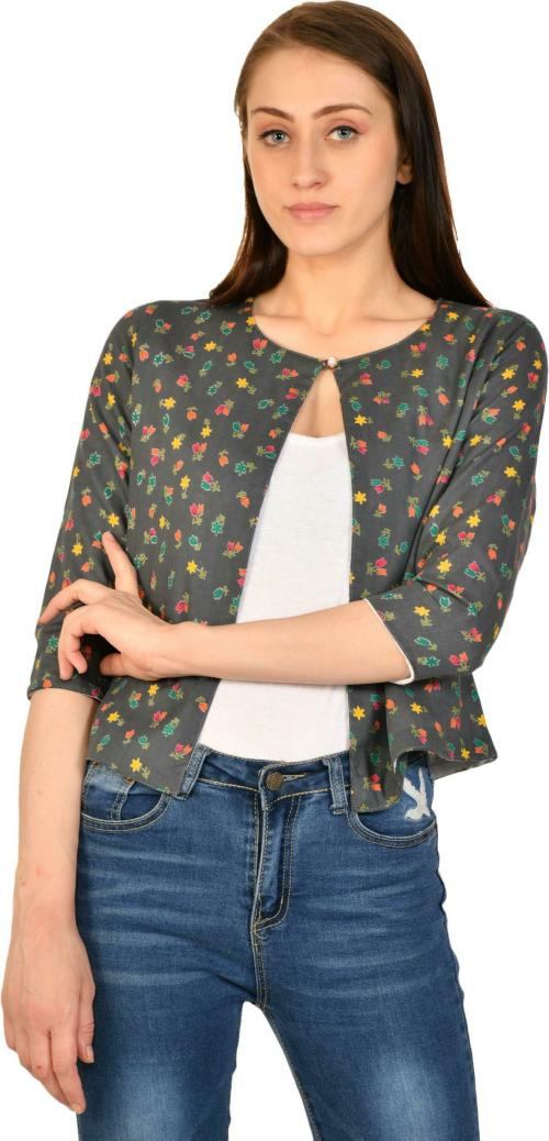 Hrikshika Fashion Women Grey Floral Print Denim Shrug
